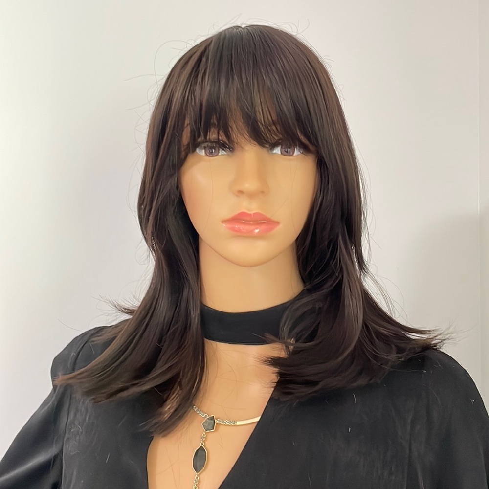 NWT darkest brown chocolate wig long bangs side pieces customized custom wig 14”